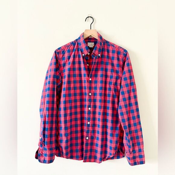 J. Crew Slim Fit Lightweight Cotton Button Down in Red & Blue Check - Size M - Picture 1 of 4